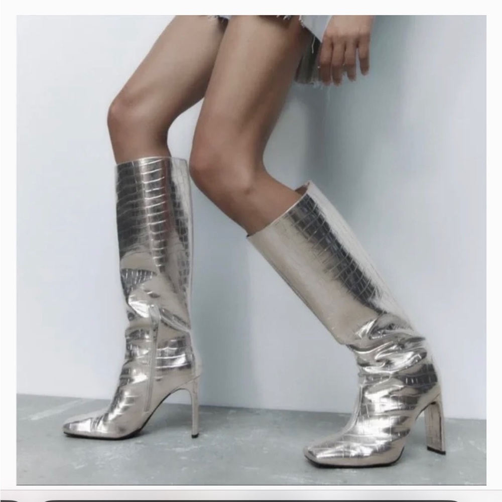 NWT Zara silver mock Croc tall boots. Size euro 40
